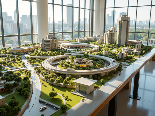 现代化城市建设概念图，高楼大厦林立，绿色植被环绕，展现未来城市发展的美好愿景