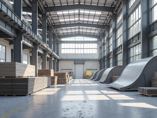 大型工业厂房建筑，钢结构框架结构，宽敞明亮的车间内部，现代化生产设备整齐排列