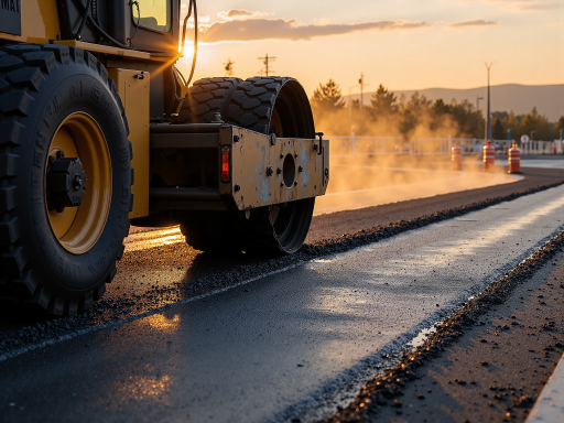 城市道路施工现场，大型工程机械正在作业，路面平整宽阔，路灯设施完善
