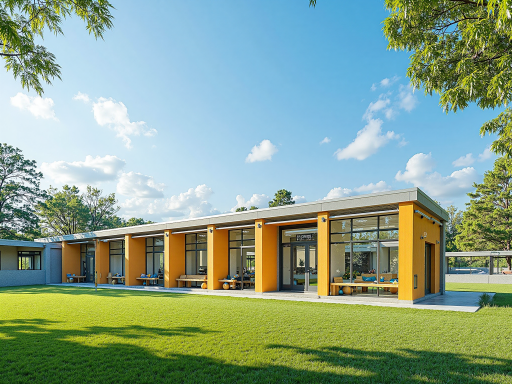 现代化学校建筑群，教学楼设计新颖，操场绿树成荫，校园环境优美宜人